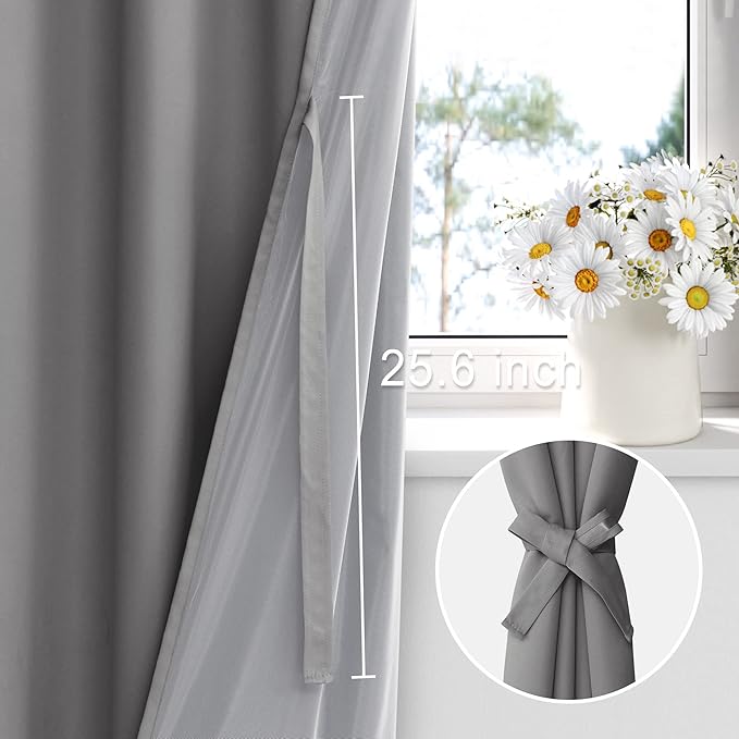 XWZO 100% Blackout Curtains - Extra Long Thermal Insulated Black Liner Curtains, Noise Reducing and Heat Blocking Drapes for Bedroom with Tiebacks, Grey, W52 x L108, Set of 2