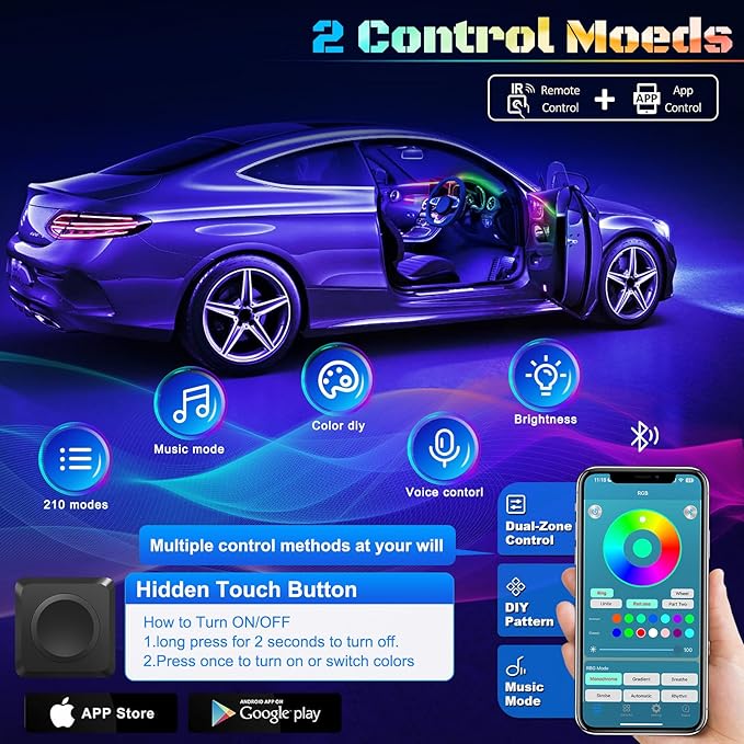 Dreamcolor Acrylic Interior Car LED Strip Light with Wireless APP, RGB 18 in 1 with 175 inches 612 LEDs Fiber Optic Strip Lights for Car, Dual Zone Symphony Neon Car Ambient Lighting
