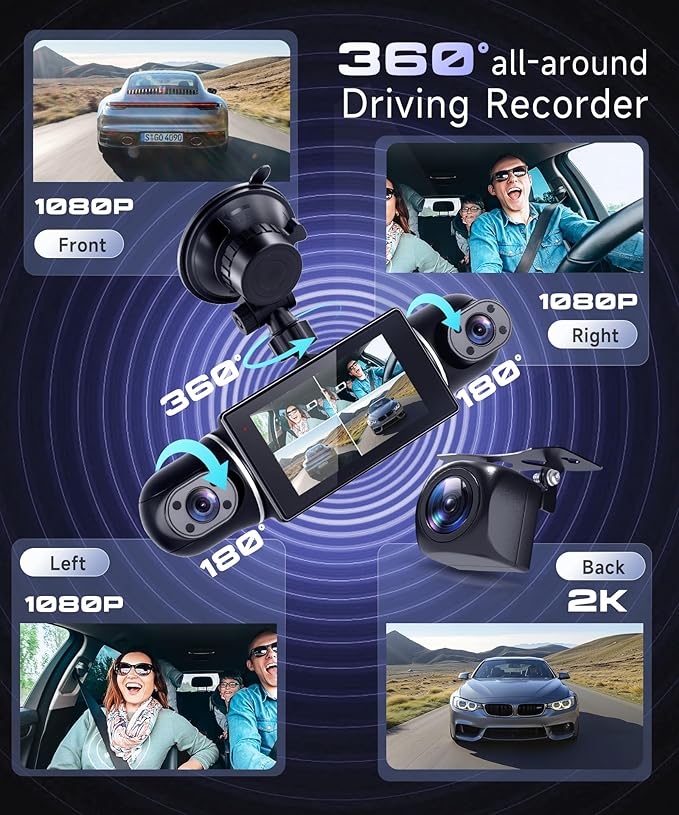 360° Dash Cam Front/Rear/Inside/Side 4-Channel Dash Camera FHD 2K+1080P×3 Car Dash Cam with WiFi, APP Control, 128GB SD Card Included, 8 IR Night Vision, G-Sensor, 24/7 Parking Mode