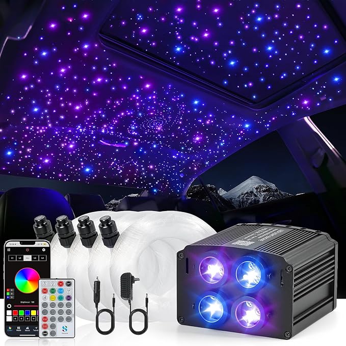 4 Colors 32W Twinkle Starlight Headliner Kit for Car Home with APP&RF Remote,RGBW 1200pcs*0.03in*13.1ft Cables Fiber Optic Star Sky Roof Lights,4 Port Engine Sound Activated Car Ceiling Star Lights