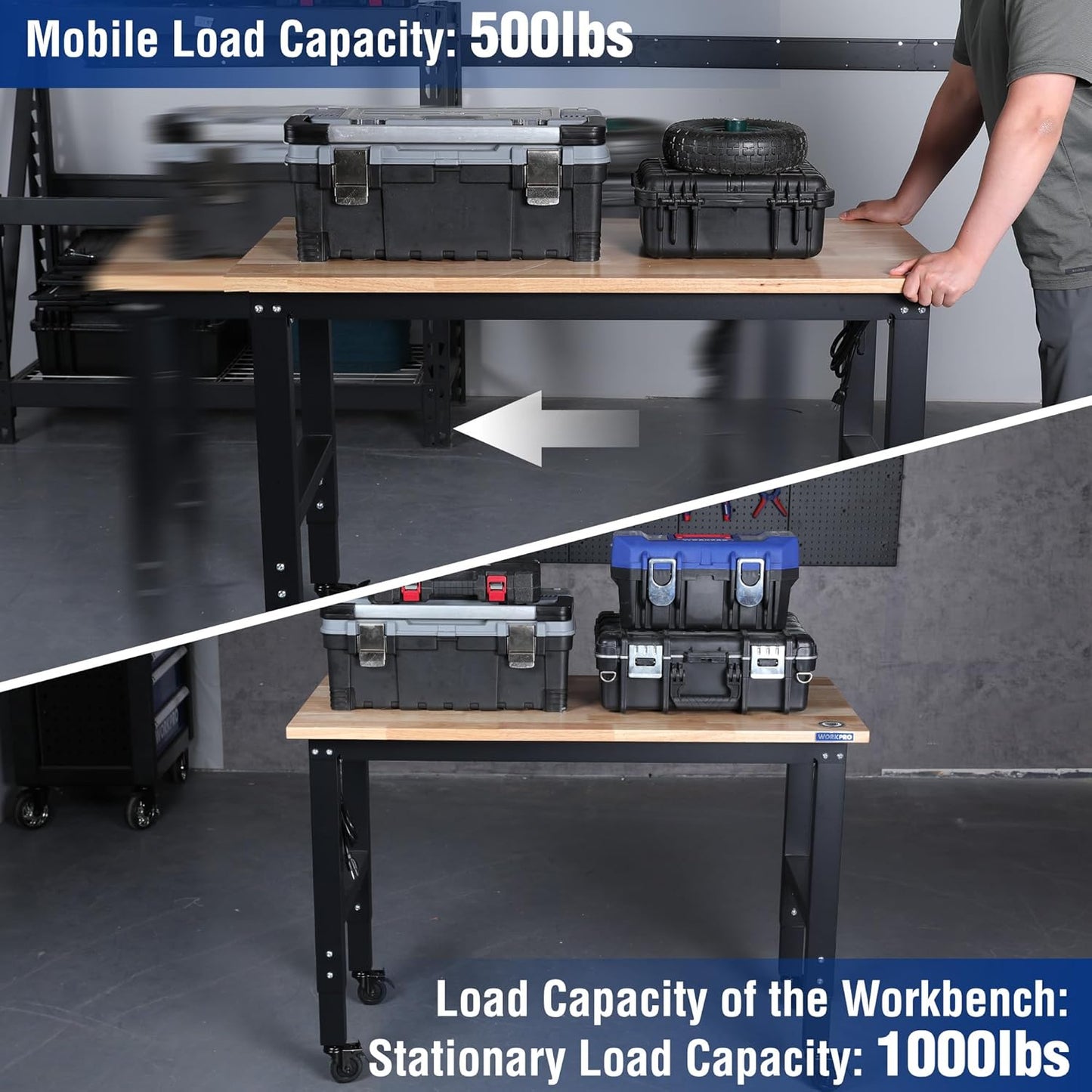 WORKPRO Garage Workbench, 48"X22" Adjustable Workbench with Wheels and Leveling Foot, Rubber Wood Top Work Desk with Power Outlets, 1500 LBS Workbenches for Garage, Workshop