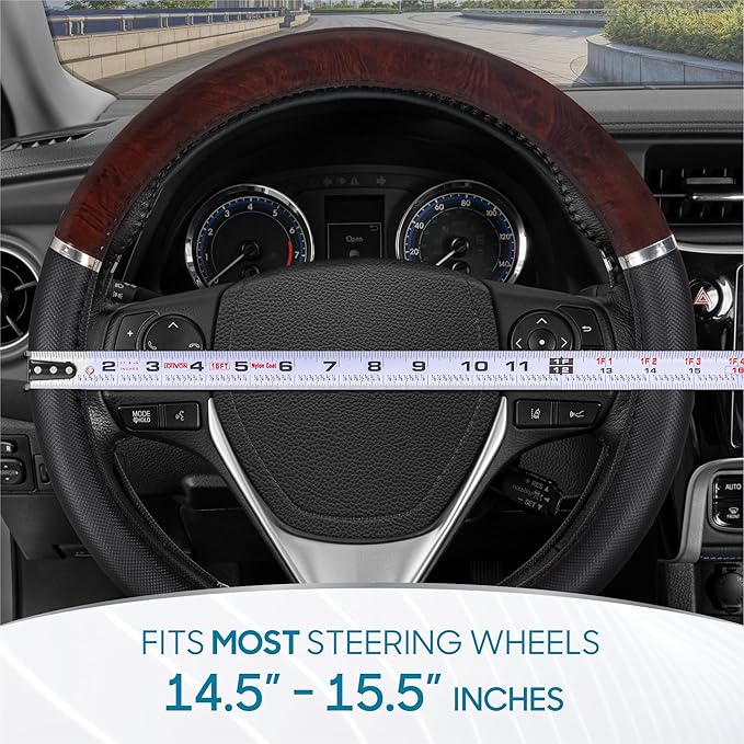 BDK Dark Wood Grain Car Steering Wheel Cover, Standard 15 inch with Black Faux Leather Grip, Made to Fit Most Auto Truck Van SUV