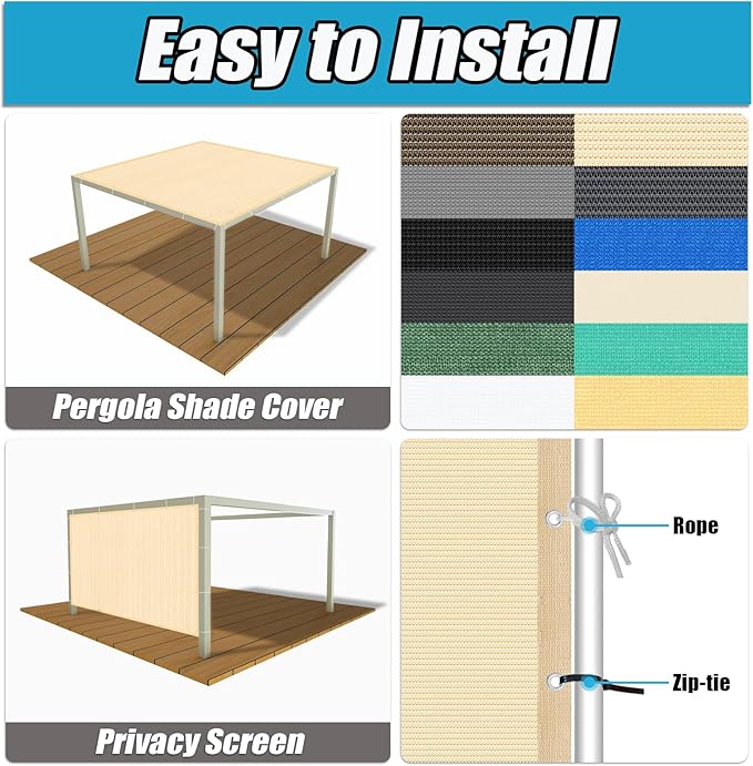 Amagenix 90% Pergola Shade Cover 4' X 8' Sun Shade Cloth with Grommets for Outdoor Garden Patio Porch, Commercial Grade 200 GSM - Cable Zip Ties Included (We Customized) GN108, Wheat