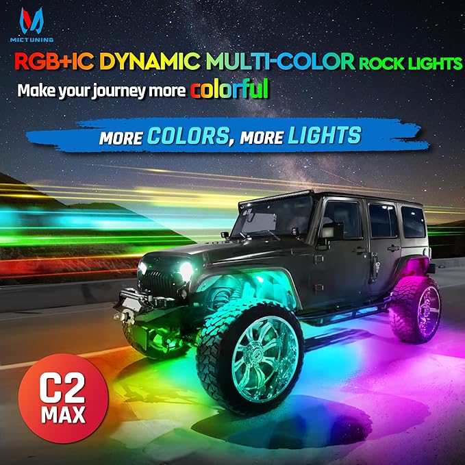 MICTUNING C2 Max RGB+IC Chasing Color Rock Lights - 16 Pods Underglow Lighting Kit, Dynamic Lighting Modes, Extensible Up to 24 Pods with Stable APP Control, IP68 Waterproof, DIY Effect