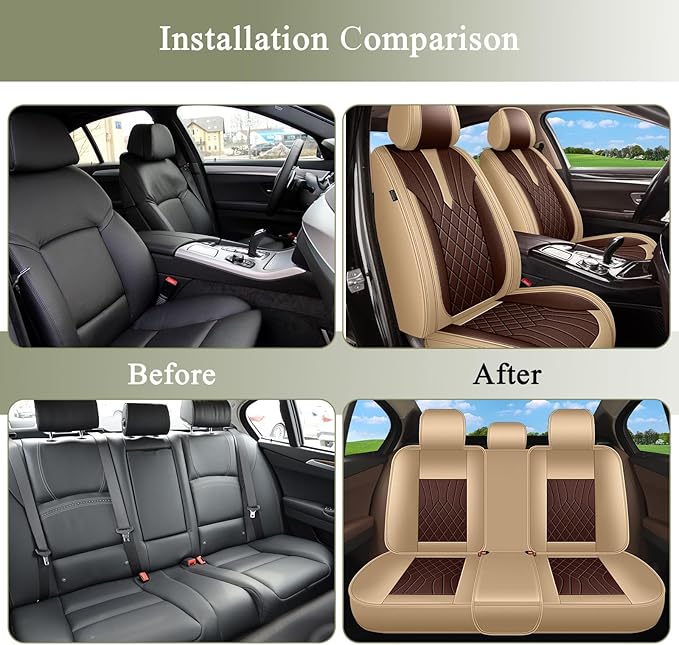 Breathable Car Seat Covers for Toyota Highlander 2026 2025 2024 2023 2022 2021 2020 2019 2018 2017 2016 2015 2014 2013 2012 2011 2010 2009 2008, Perforated Leather Full Set 5 Seats (Beige&Brown)