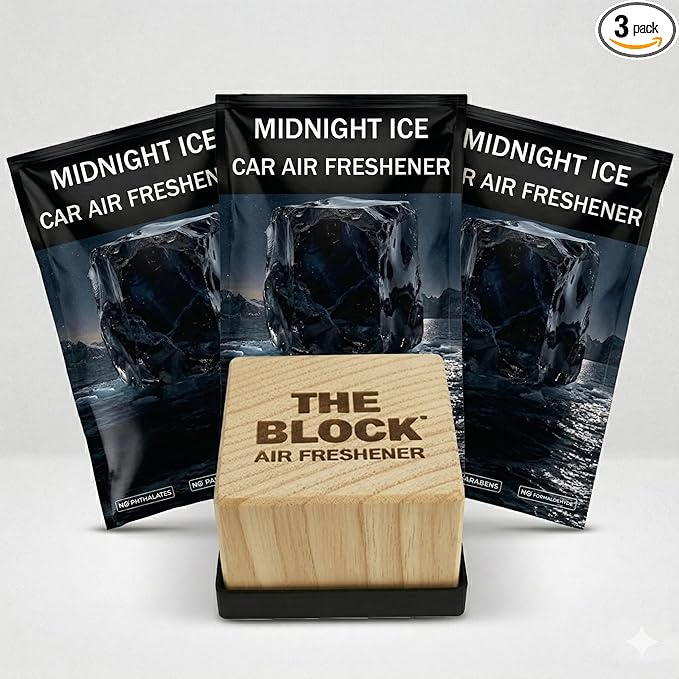 The Block - Wooden Car Air Freshener & Odor Eliminator - Long Lasting 30+ Day Scent - Car & Home Use - Fresh Gift Idea - Made in USA - MIDNIGHT ICE 3-Pack