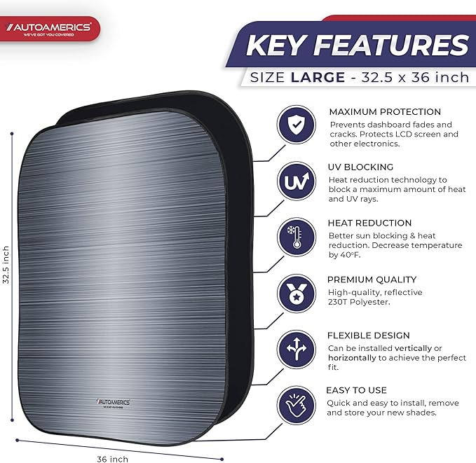 Autoamerics 2-Piece Windshield Sun Shade - Metallic Gray Foldable Car Front Window Sunshade for Most Cars SUV Truck Heat Blocker Visor Protector Blocks Max UV Rays and Keeps Your Vehicle Cool - Large