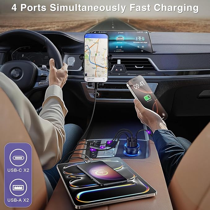 USB C Car Charger, 2 Pack 4-Port 65W Dual USB C & USB-A Cigarette Lighter USB Charger Multiport Type C Car Charger Adapter Phone Plug Cargador Carro Fast Charging for iPhone 17 16 15, iPad, Galaxy