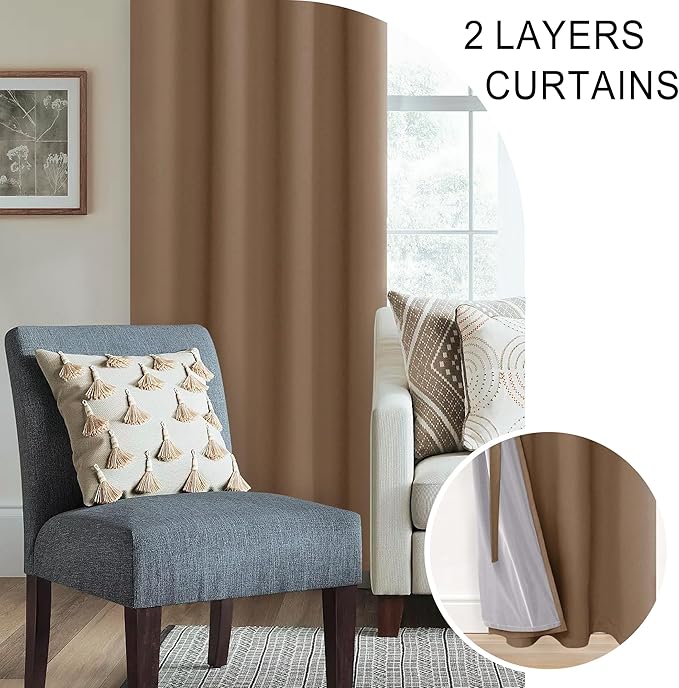 XWZO Full Shading Blackout Curtains 54 Inches Length - Heat and Light Blocking Ring Top Window Drapes with Black Liner Backing for Bedroom Sewn with Tiebacks, Cappuccino, W52 x L54, Set of 2 Panels