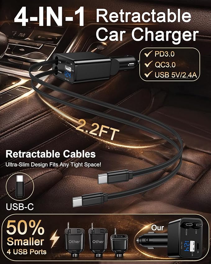 Retractable Car Charger USB-C for Samsung Galaxy S26 Ultra S26+ S25 S24 Apple iPhone 17e 17 Pro Max 16 Air, 47W Fast Car Charger Adapter + 35W Foldable Wall Plug - USB C Charging with Built-in Cables
