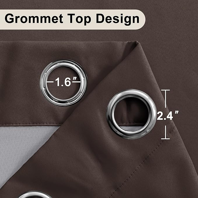 XWZO 100% Blackout Curtain Panels - Extra Large Thermal Insulated Black Liner Curtains, Noise Reducing and Heat Blocking Drapes for Bedroom with Tiebacks, Brown, W52 x L108, Set of 2