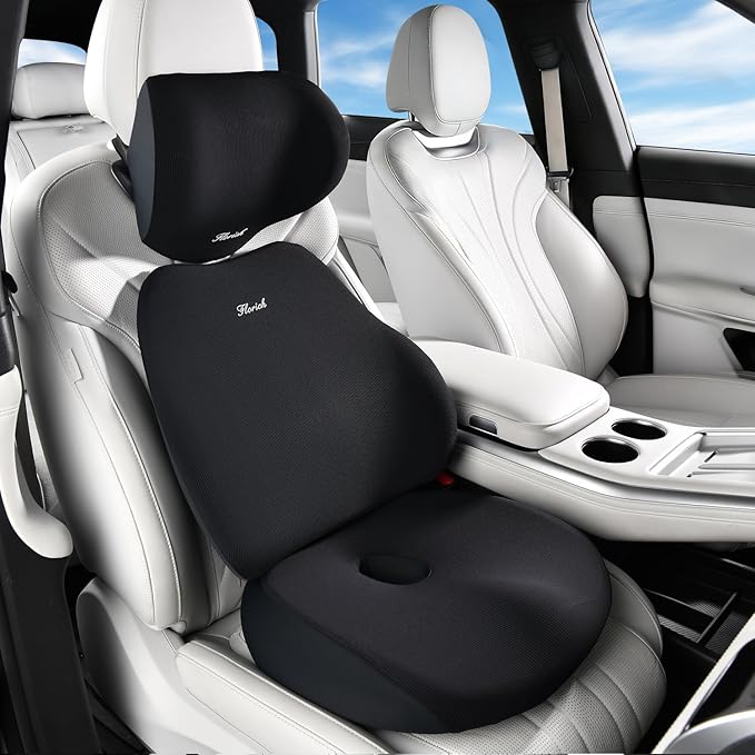 FLORICH Car Seat Cushion & Lumbar Support Pillow & Car Neck Pillow, Ergonomic Memory Foam Driving Seat Cushion for Back & Sciatica Pain Relief, Non-Slip Washable Cushion for Car, Driver, Office-Black