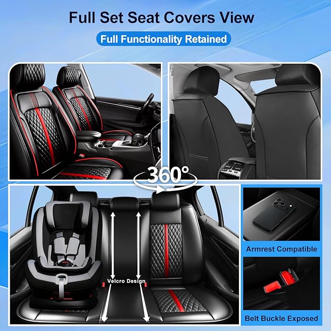 Fit Equinox Car Seat Covers for Select Chevrolet/Chevy Equinox 2007-2026, Premium Full Coverage Leather, Airbag Compatible, Waterproof All Weather Seat Cushion Protector, Full Set,Red Trim