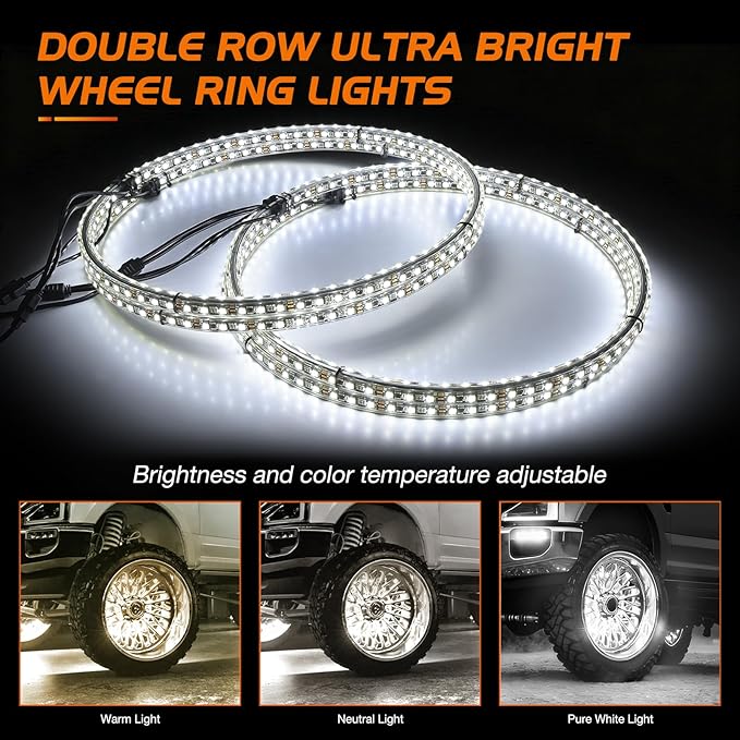 Nilight 4PCS 15.5inch Double Row LED Wheel Ring Lights Pure White with Remote Control w/Turn Signal Braking and Reverse Function Dual Row for Car Van SUV Truck