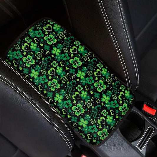 UNICEU St Patrick's Day Decor Automobile Interior Decor Lucky Green Leaf Print Armrest Cover for Women, Soft Car Center Console Armrest Protector Cover Pad