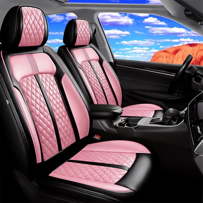 Fit Malibu Car Seat Covers for Chevrolet/Chevy Malibu 2009-2025, Full Coverage Leather, Airbag Compatible, Waterproof All Weather Breathable Seat Cushion Protector, Full Set, Black+Pink