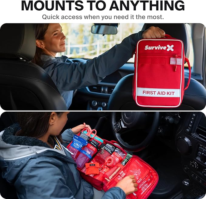 SurviveX Large First Aid Kit for Car, Travel & Home - Emergency Kit for Hiking, Camping, Backpacking and Outdoors - Includes Zip Stitch Wound Closure Strips