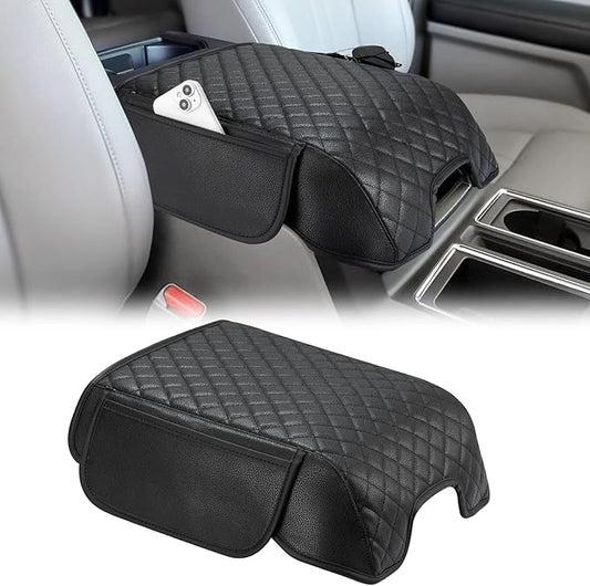 JOYTUTUS Center Console Cover Compatible with 2015-2020 F150, 2017-2022 F250 F350 F450, 2018-2024 Ford Expedition, Leather Armrest Cover Center Console Cushion with Side Pockets (Bucket Seat Only)
