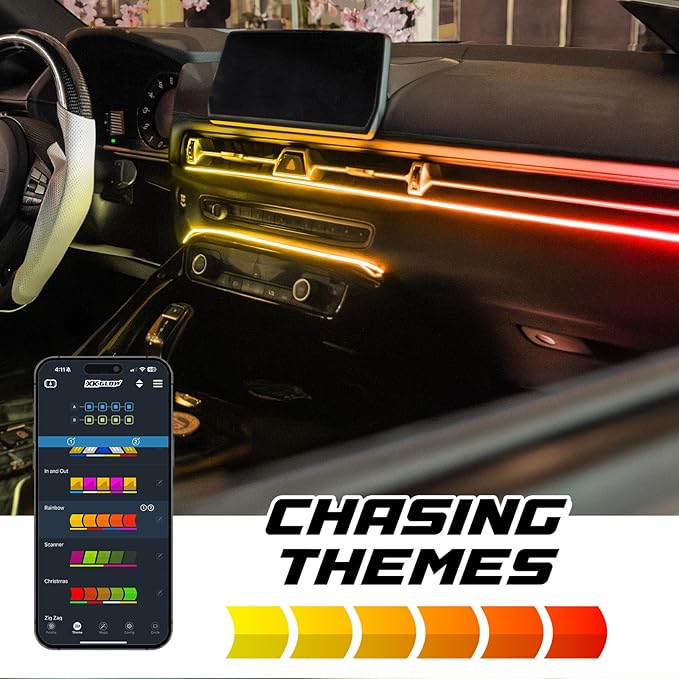 XKmax RGB Fiber Optic LED Interior Ambient Light Kit for Car & Truck | Color Chasing | App-Controlled (2pc 30" Strips)