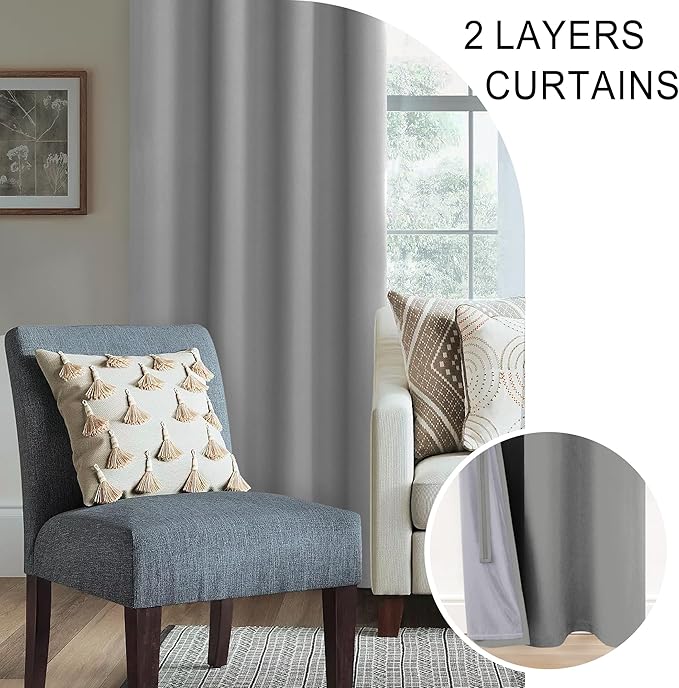 XWZO 100% Blackout Curtain Panels - Thermal Insulated Black Liner Curtains, Noise Reducing and Heat Blocking Drapes for Hall and Studio Windows with Tiebacks, Light Grey, W42 x L72, Set of 2