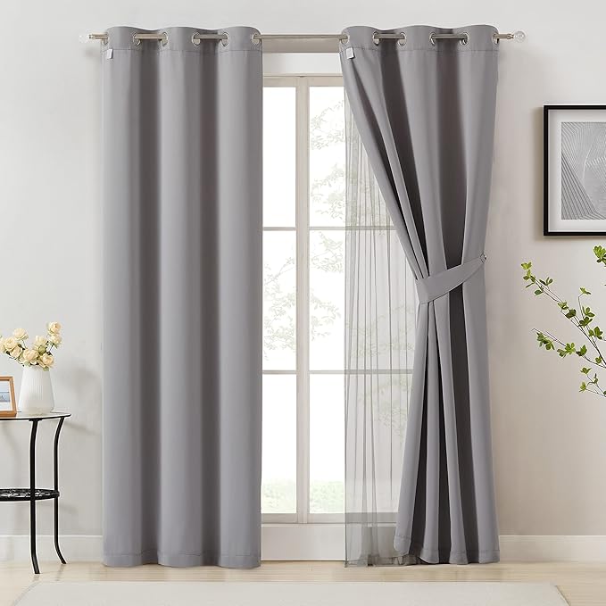 Bujasso Grey 90% Blackout Curtains with Sheer Overlay Mix and Match Double Layer Window Curtains Thermal Insulated 72 inch for Living Room Bedroom Gray Drapes with Tiebacks Grommet Top 37" Wx72 Lx2