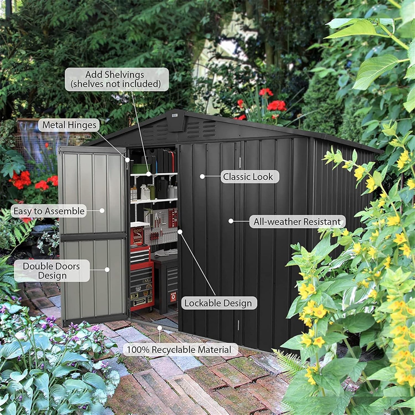 IKERY Galvanized Steel Storage Shed - 8.2' x 6.2' with Lockable Door, Large Metal Garden Shed for Bikes, Trash Cans and Outdoor Storage, Suitable for Backyard and Patio, Dark Gray
