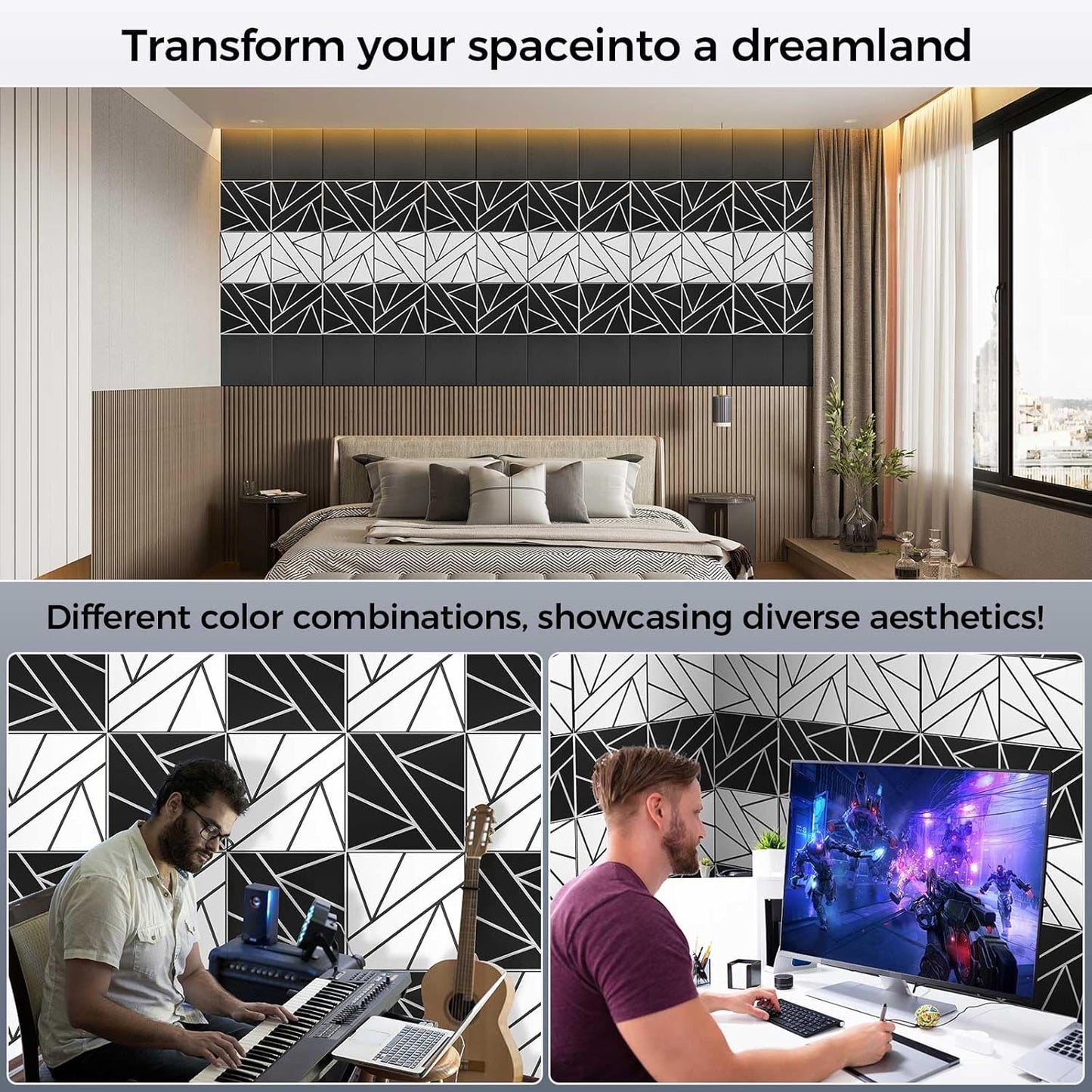 8 Pack 2-Layer Soundproof Wall Panels, 12 x 12 x 0.43 in Sound Proof FoamPanels for Walls, 1.2lb/ft* High Density, Thicker 0.43 in, 3D AcousticPanels,Artistic Noise Dampening Panels Black&white