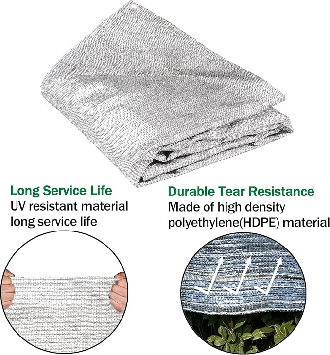 95% Sun Block Heavy Duty Aluminum Foil Shade Cloth with Grommets,12ft x 12ft, Mesh Sun Block Fabric Cover, Canopy, Privacy Screen for Outdoor Patio, Garden, Backyard, Silver