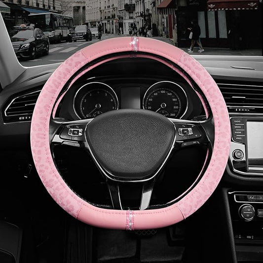 Road Comforts Leopard Steering Wheel Cover - Made with PVC Leather Cheetah Print, D-Shaped Automotive Steering Wheels - Anti-Slip, Universal Fit 14 1/2 inches to 15 inches - Full Pink
