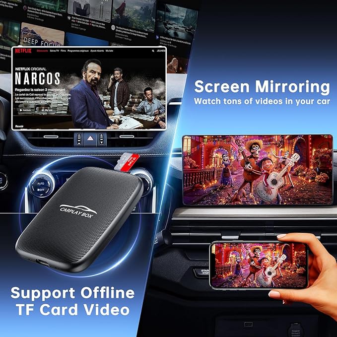 5-in-1 Android Auto Wireless Adapter and Apple CarPlay Adapter, Wireless Carplay Adapter with Netflix YouTube TF Card, Plug & Play, Easy Setup, Magic Video Ai Box for OEM Wired Apple Car Play Cars