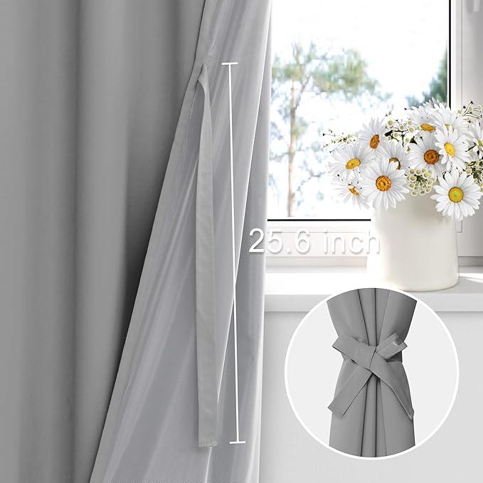 XWZO 100% Blackout Curtains with Tiebacks- 2 Thick Layers Completely Shaded Window Treatment Thermal Insulated Lined Drapes with Grommets for Bedroom/Laundry, Light Grey, W42 x L84, Set of 2 Panels