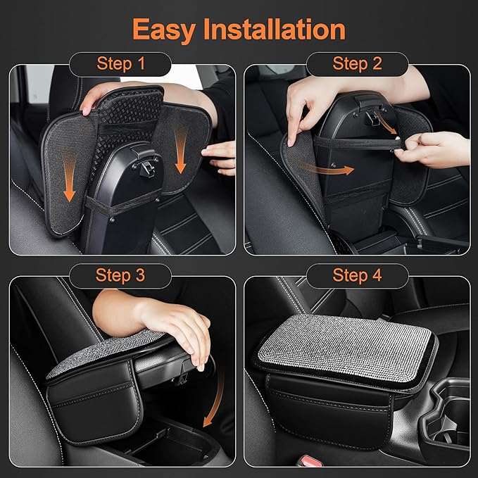 Bling Car Center Console Cover Custom Fit for Jeep Cherokee - Leather Armrest Cover with 2 Storage Pockets and Crystal Rhinestones(Black)