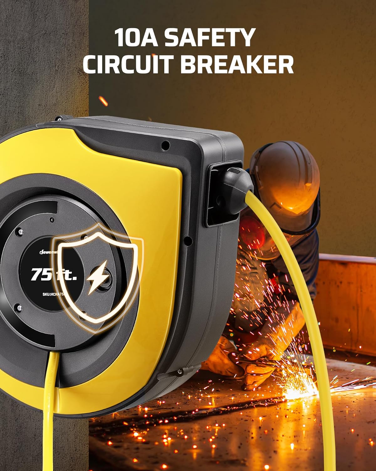DEWENWILS Retractable Extension Cord Reel, 75 FT Heavy Duty Power Cord, 14/3C SJTOW Retractable Cord Reel, Lighted Triple Outlets, 10A Circuit Breaker, Wall/Ceiling Mount, UL Listed, Yellow