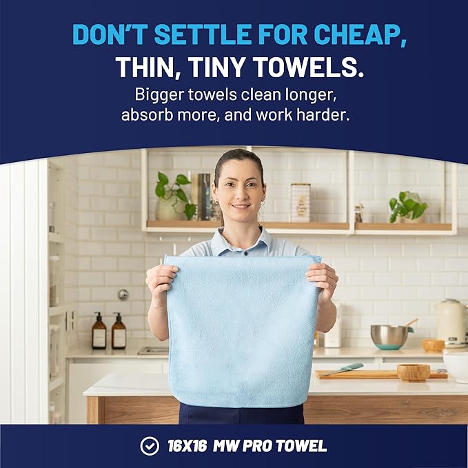 MW Pro Multi-Surface Microfiber Towel – 12 Pack | Premium Cleaning Cloth | Clean, Buff, Dust, Polish, Absorb | Large 16"x16" (Blue)