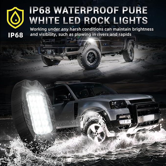 4 Pods Alloy Pure White LED Rock Lights for ATV SUV UTV RZR Trucks Trailer Offroad Pickup Fender, IP68 Waterproof Shockproof 6500K 24LEDs Super Bright White Underglow Kit with Switch Wiring Harness