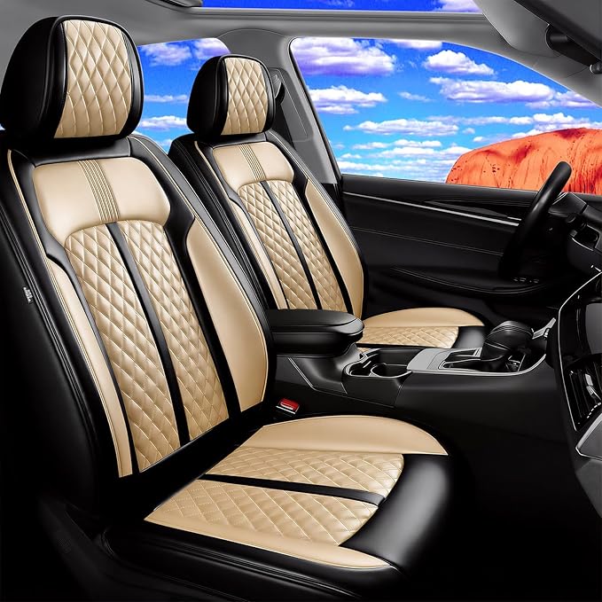 Fit Bolt Car Seat Covers for Select Chevrolet Bolt/Bolt EUV 2017-2025, Premium Full Coverage Leather, Airbag Compatible, Waterproof All Weather Seat Cushion Protector, Front Pair Black+Beige