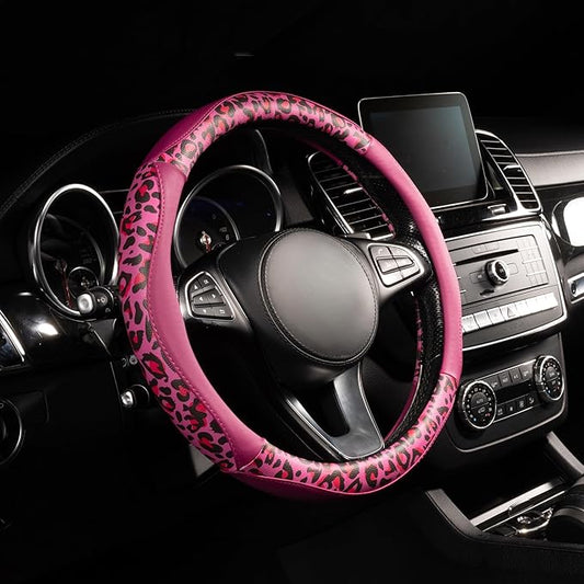 Lord Autofashion Steering Wheel Cover – PU Leather, Non-Slip Rubber Inner, All-Season Comfort – 14.5–15 Inch (Black/Pink Tiger 8684)