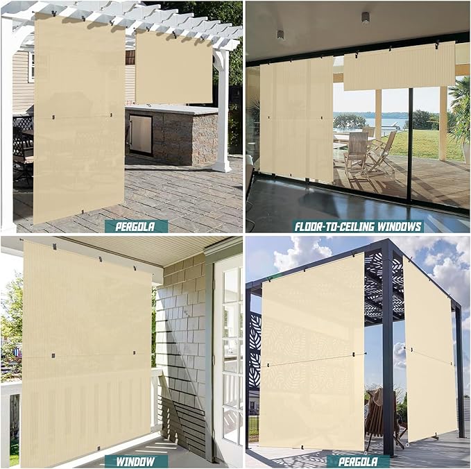 Bynbbur 5'W x 9.5'H Outdoor Patio Shades Foldable Roller Blinds, 220 GSM Sun Shade Roll Up Porch Screens Exterior Shade Cloth for Deck Pergola Backyard, Beige