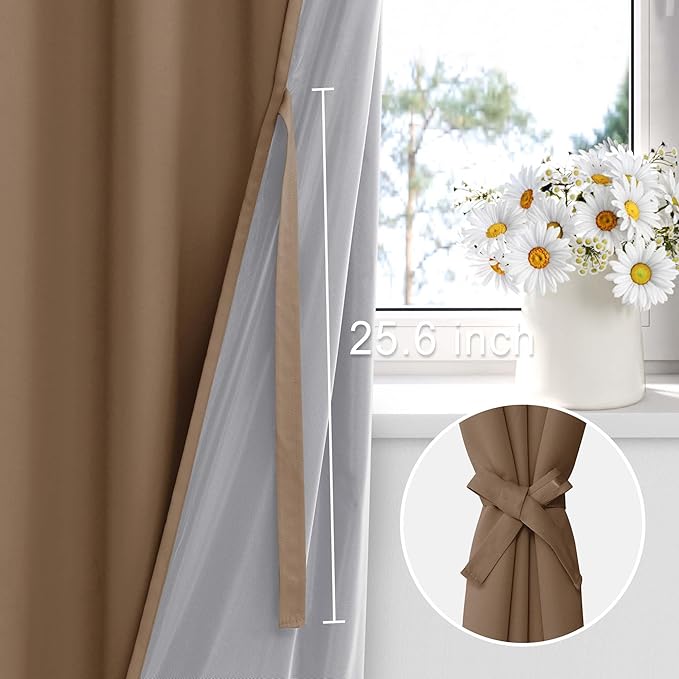 XWZO Full Shading Blackout Curtains 45 Inches Length - Heat and Light Blocking Ring Top Window Drapes with Black Liner Backing for Bedroom Sewn with Tiebacks, Cappuccino, W52 x L45, Set of 2 Panels