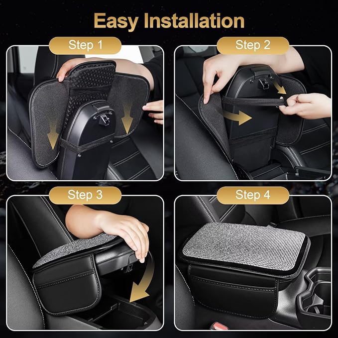 Bling Center Console Cover Fit for Toyota Highlander with 2 Storage Bags Fully Diamond-Studded Style Center Console Armrest Cover with Total Protection(Silver Diamond)