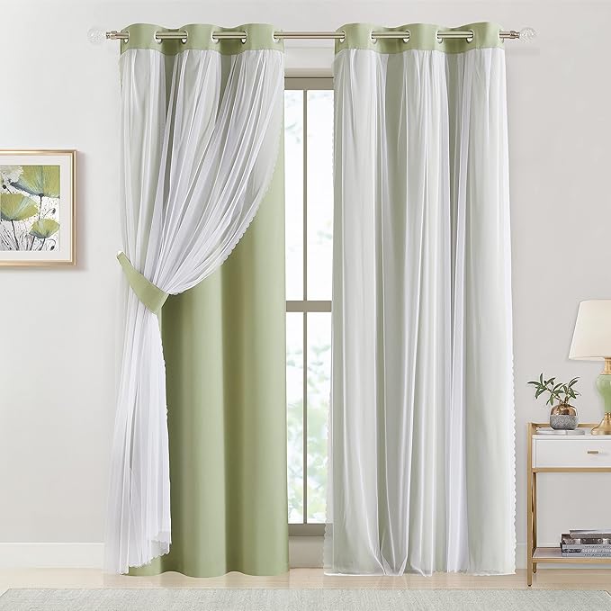 Bujasso Sage Green 90% Blackout Curtains with Sheer Overlay Mix and Match Double Layer Thermal Insulated Window Panels 72 inch Living Room Bedroom Green Drapes with Tiebacks Grommet Top 37" Wx72 Lx2