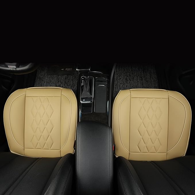 JOJOBAY 2pack Leather Car Seat Cover,Bottom Seat Covers for Cars,Front Seat Protector,Fit for 95% of Vehicles - Padded,Anti-Slip,Premium Leather(2 PCS,Beige)