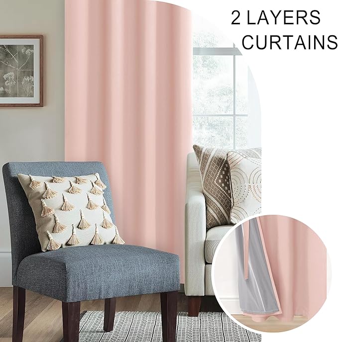 XWZO 100% Blackout Curtains 63 Inches Long - Heat and Full Light Blocking Window Treatment with Black Liner for Bedroom/Nursery with Tiebacks, Grommet Top, Blush Pink, W42 x L63, Set of 2