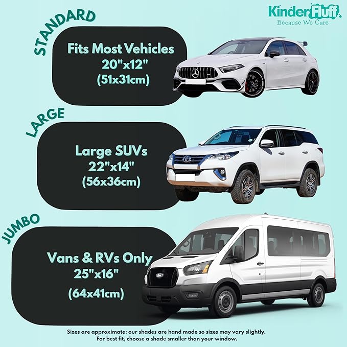 Car Window Shades - Certified 99.79% UVA & 99.95% UVB Sun Protection. Award Winning car Sun Shade for Side Windows. 4 Pack Semi Transparent 20" x 12" - Car Accessories Interior by Kinder Fluff