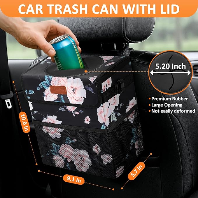 Vankor Car Trash Can for Car Cute,Bag Bin Hanging Waterproof Automotive Garbage Cans Leak Proof Vehicle Trash Can Black Floral