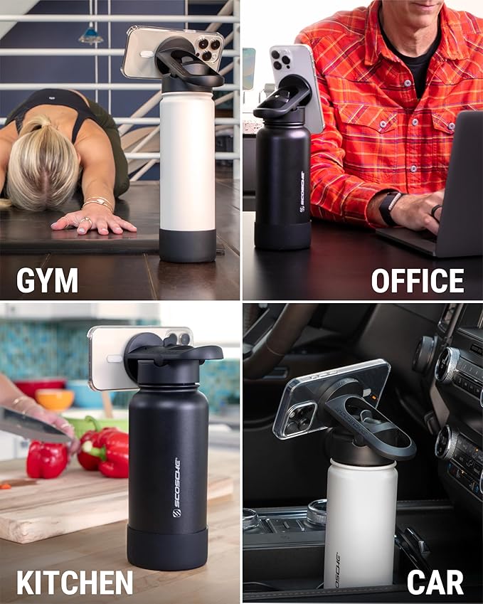 Scosche MFMS22 MagicMount Flask 22 oz Stainless Steel Water Bottle with MagSafe Phone Mount Stand, 12H Hot & 24H Cold Insulated Flask with Magnetic Phone Holder for Gym, Car, Travel, Sports 22oz Black