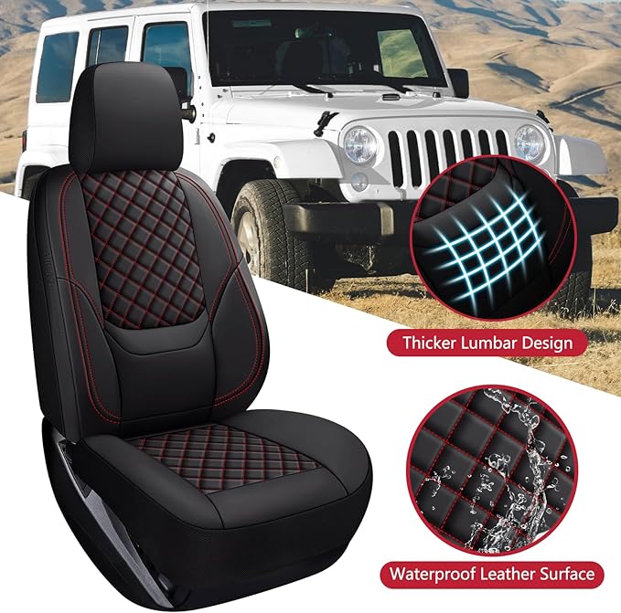 Wrangler Seat Covers 2007-2026 Full Set, Waterproof Leather Interior Sets with Lumbar Support Custom Fit for Jeep Wrangler JK JL 4 Door Unlimited Sahara/Sport/Rubicon X 392 Willys, Black Red