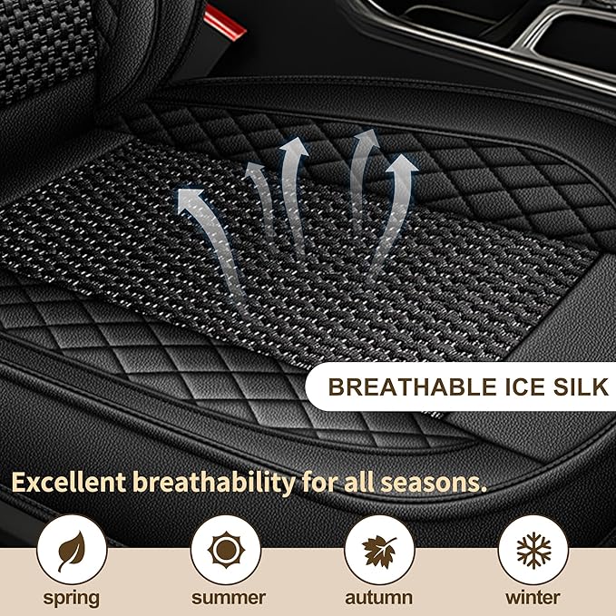 TTX LIGHTING for Nissan Rogue 2009-2026 Car Seat Covers, Breathable Ice Silk & Leather Seat Protector, Cool & Anti-Sweat for Long Driving, Airbag Compatible, 5 Seats Full Set (Black)