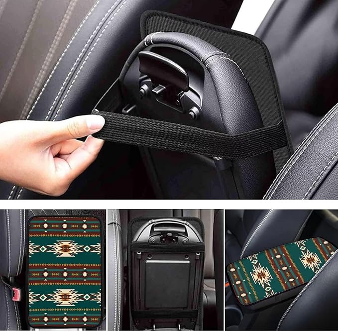 Dreaweet Aztec Car Center Console Cover Southwestern Native American Green Navajo Print Car Armrest Cover Pad Console Covers Universal Arm Rest Cover for Car SUV Truck