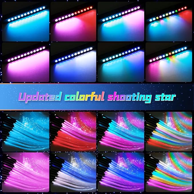 Split Car Starlight Headliner Kit, 4 Colors 12W Meteor Fiber Optic Starlight Kit, 1200pcs*0.02in*9.8ft+240 RGBW Sound Activate Shooting Star Lights for Ceiling Car Roof/Home Decor